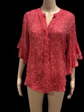 Vince Camuto Women's Pintuck Flutter Sleeve Floral Pattern Voile Blouse Size Sm